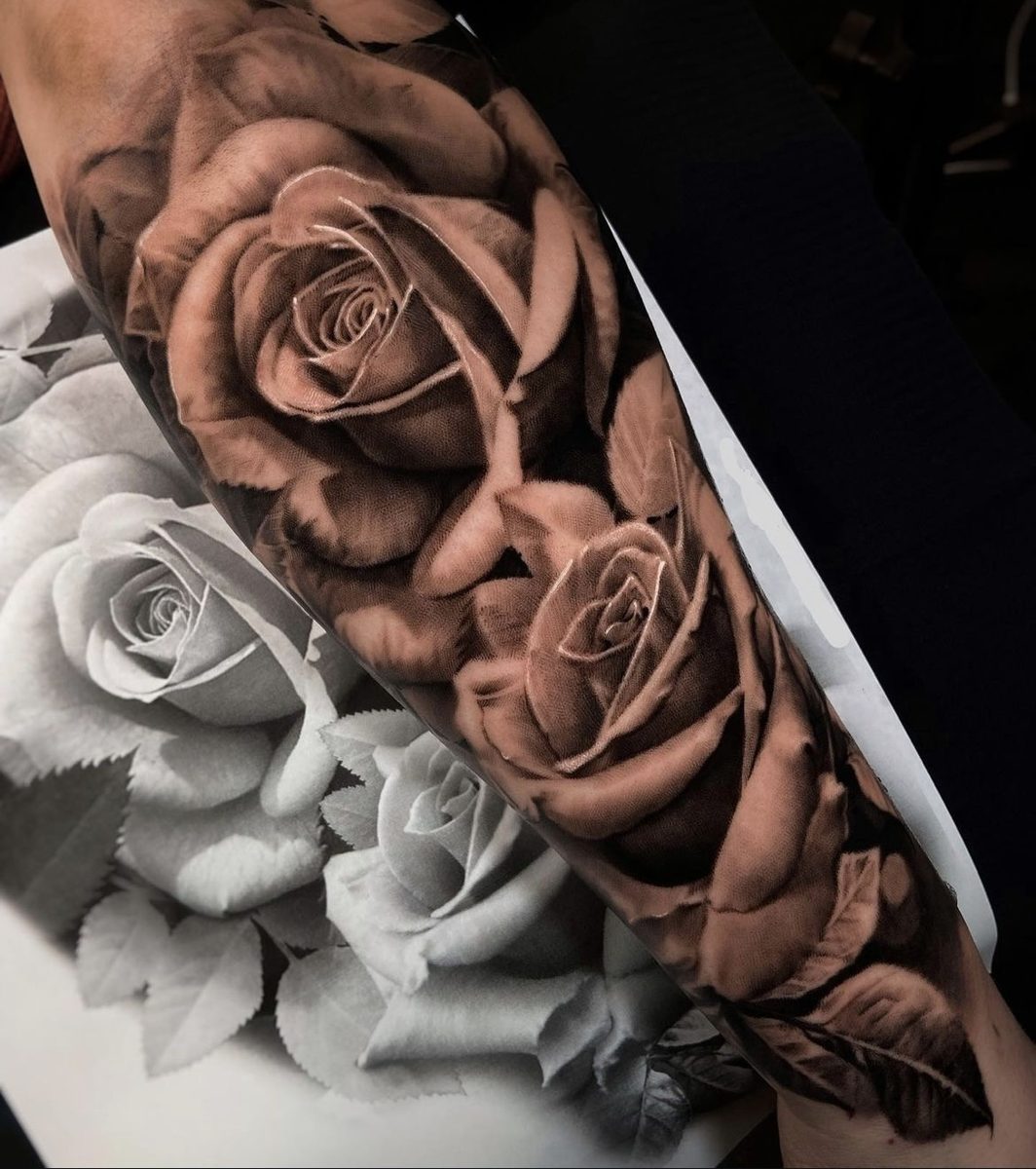 Black and Grey Rosen Realism Tattoo